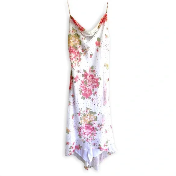Vintage Dresses | 90s Y2k Vintage White & Pink Floral Chiffon Dress W/Polka Dot Glitter | Color: Pink/White | Size: 7j | Theleopardsspot's Closet